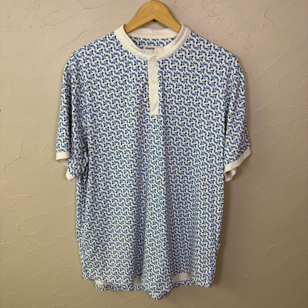 Mantra Catalyst Polo Shirt Men XL Golf Koi Fish Henley Blue Short Sleeve Coastal